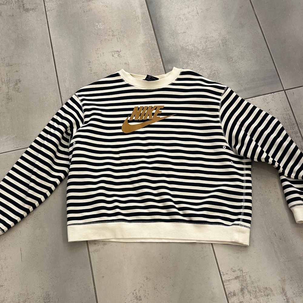 Nike Black and White Striped Sweatshirt with Gold Logo